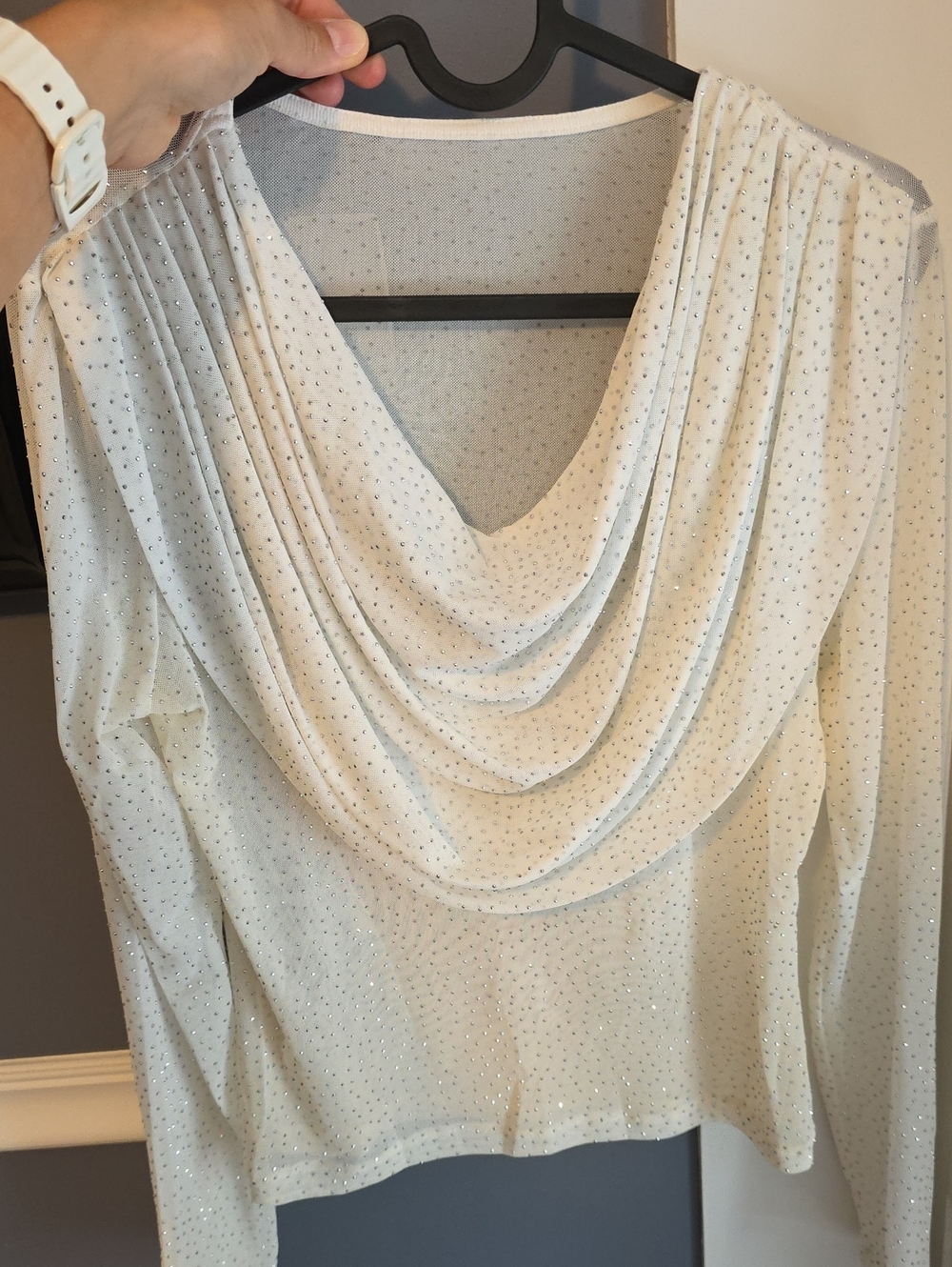 Draped Cowl Neck Sparkle Top - Cream with Silver Dots